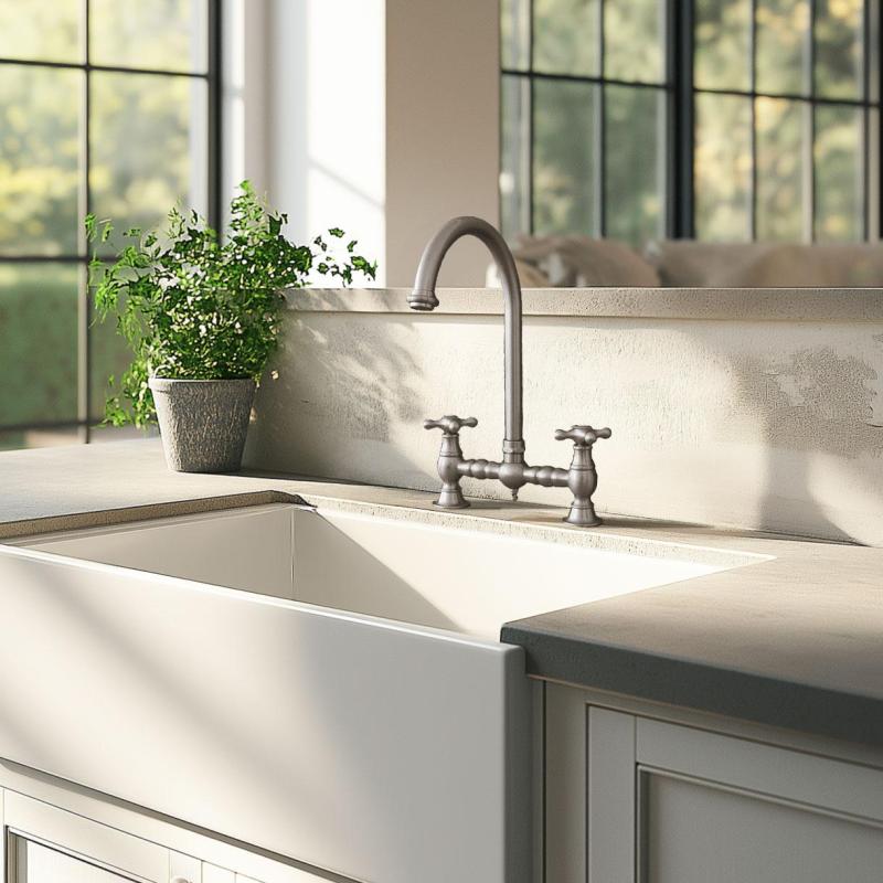 PB Nostalgische Brugkeukenkraan RVS ronde uitloop met sterknoppen PBN.RVS.R.ST