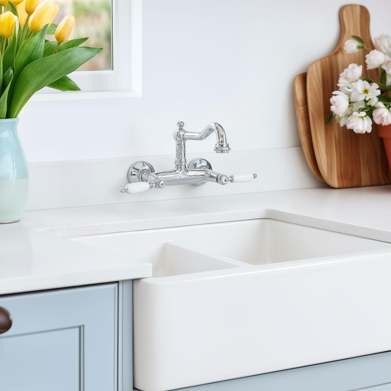 PB klassieke kraan opbouw muurkraan met Witte hendels Chroom 1208854172 - Productafbeelding 2