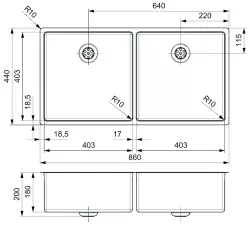 Reginox New York grote dubbele RVS spoelbak 40x40 + 40x40 T09T14LLU08GDS R28254