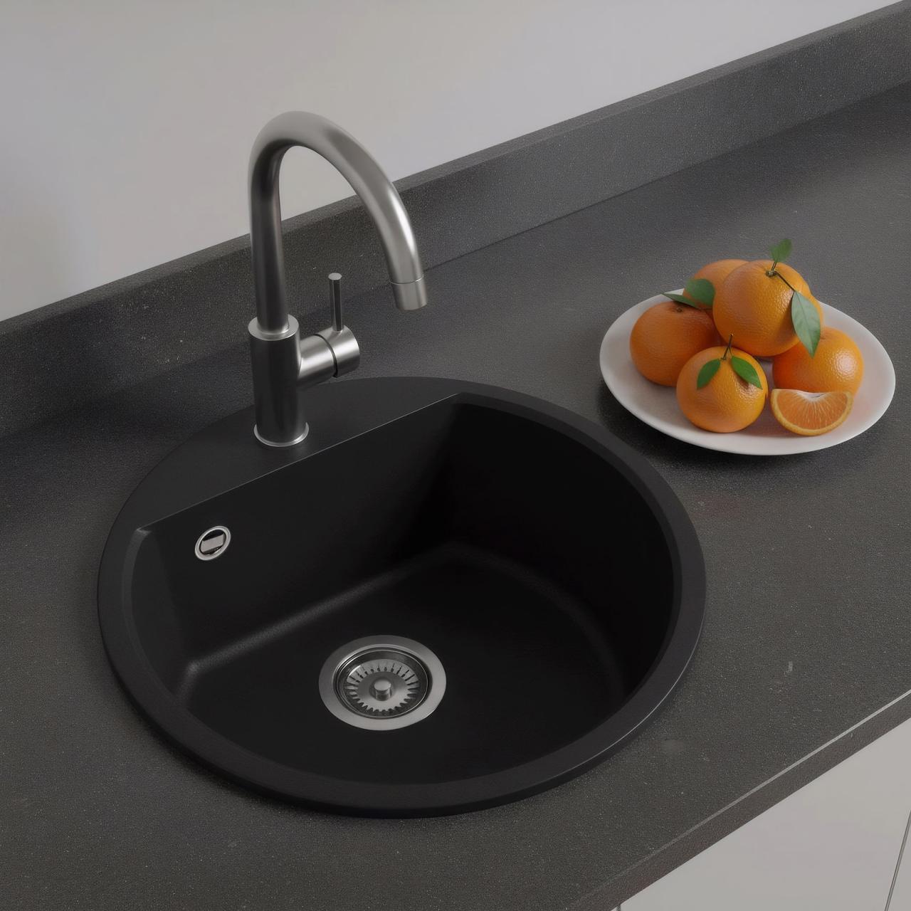 GraniteMy Bremen ronde granieten spoelbak 43 cm zwart opbouw en onderbouw met kraangatbank met rvs plug 1208953206 - Productafbeelding 2