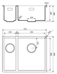 Lorreine 1534BQ-FU zwarte Quartz 1,5 anderhalve spoelbak 1534cm onderbouw vlakbouw zwart met zwarte korfplug 1208954005