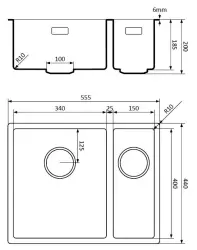 Lorreine 3415BQ-FU zwarte Quartz 1,5 anderhalve spoelbak 3415cm onderbouw vlakbouw zwart met zwarte korfplug 1208954008