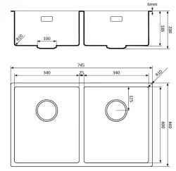 Lorreine 3434BQ-FU zwarte Quartz dubbele spoelbak 3434cm onderbouw vlakbouw zwart met zwarte korfplug 1208954009