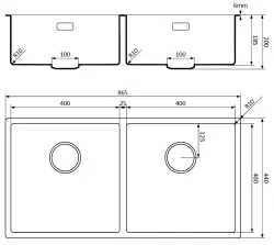 Lorreine 4040BQ-FU zwarte Quartz dubbele spoelbak 4040cm onderbouw vlakbouw zwart met zwarte korfplug 1208954010