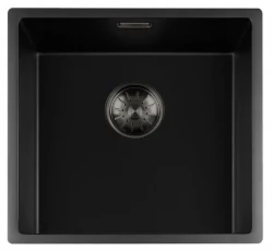 Lorreine zwarte Quartz spoelbak 40x40cm onderbouw vlakbouw zwart met gun metal korfplug 1208954033