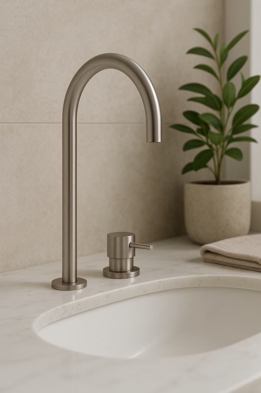 Waterevolution Flow 2-gats wastafelkraan volledig RVS met hoge U 200mm uitloop T1122UIE