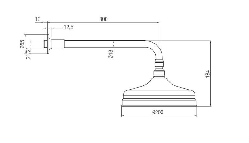 PB nostalgische Hoofddouche 20cm met antikalk en douche-arm RVS