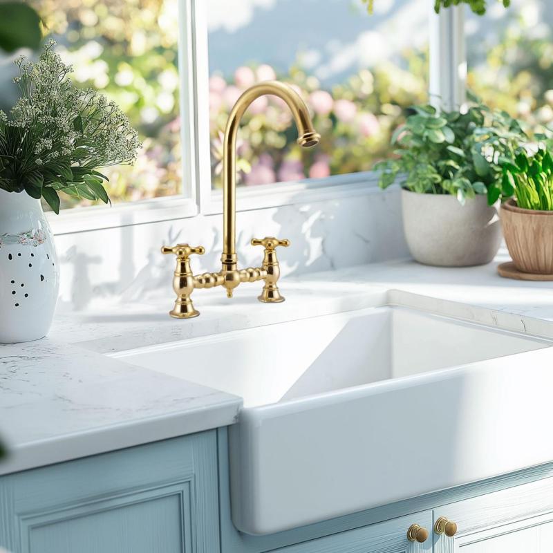 PB Nostalgische Brugkeukenkraan Messing Natuur ronde uitloop met sterknoppen 1208954669