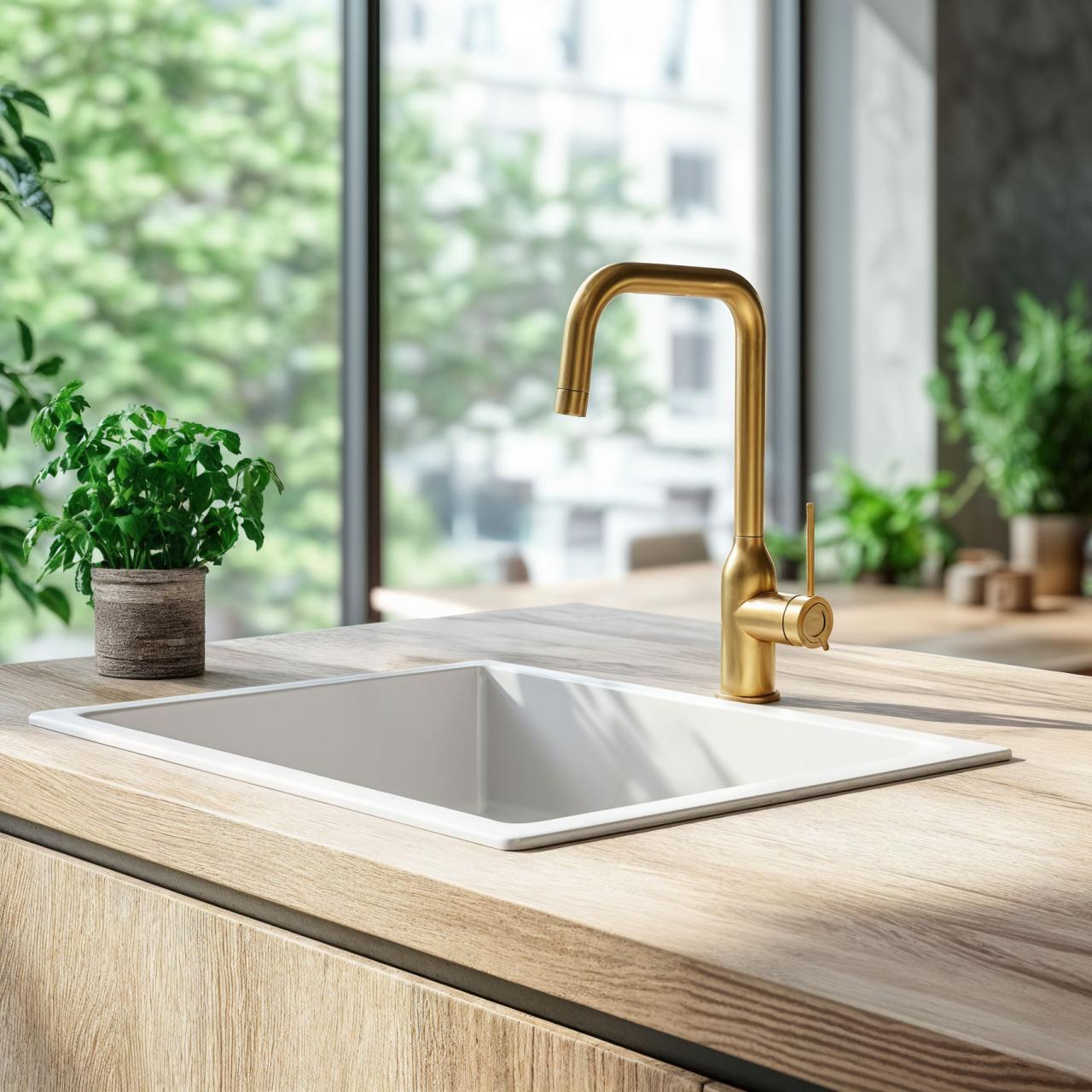 Quadri Stamford keukenmengkraan pvd goud met draaibare haakse uitloop 1208956098 - Productafbeelding 2
