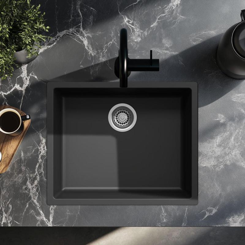 Zwarte spoelbak 50x40cm onderbouw opbouw en vlakbouw met rvs plug 1208956395