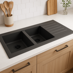 Ausmann Fibre dubbele zwarte kunststof spoelbak omkeerbaar met afdruip opbouw 116x50 cm met zwarte plug 1208956790