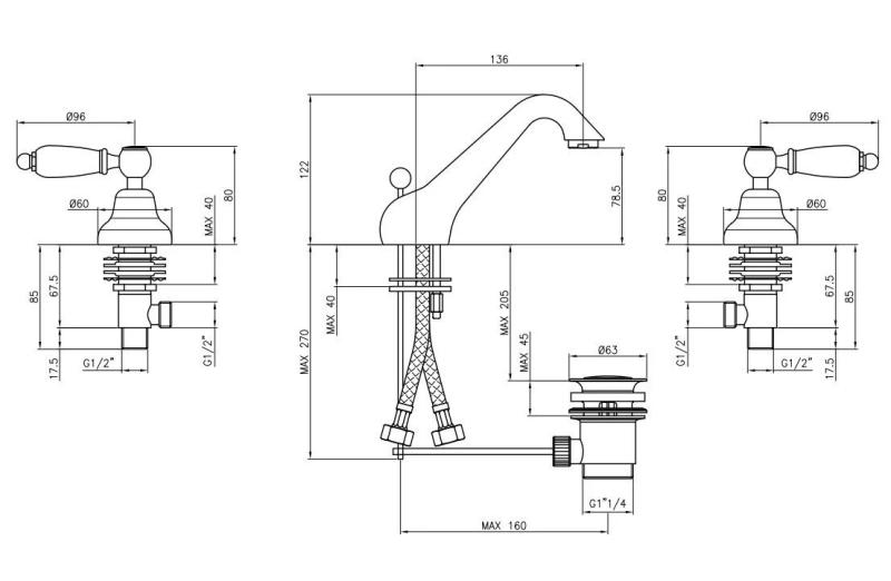 PB klassieke kraan 3 gats lage wastafelkraan Witte hendels RVS 1208956908