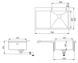 Ausmann Turt gun metal spoelbak met afdruipgedeelte links 780x500mm opbouw en vlakbouw 1208956956