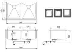 Ausmann Oder dubbele rvs spoelbak 76x45cm met 2 bakken 34x40 vlakbouw onderbouw en opbouw extra diep 22cm 1208957116