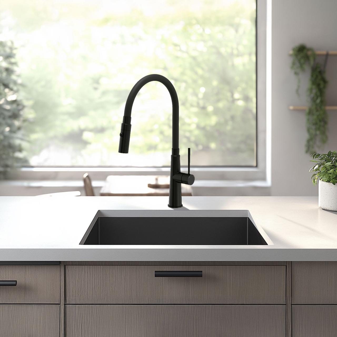 Quadri Preston keukenmengkraan mat zwart met 2 standen flexibele zwart uitloop 1208957227 - Productafbeelding 2