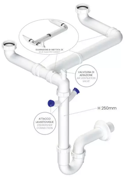 Ausmann Siphon dubbele ruimte besparende spoelbak sifon voor in de keuken met ontluchter en 2 vaatwasser aansluitingen 1208957662