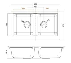 Ausmann Fibre dubbele spoelbak zwart kunststof opbouw 86x50cm 1208957669