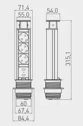 Indux Up & Down small verzinkbare randaarde zilver keuken stopcontact in werkblad met 3 stopcontacten en 2 x USB 1208957840