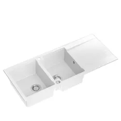 Quadri Luton opbouw dubbele graniet spoelbak wit met afdruipgedeelte 116x50 cm met rvs plug 1208957882