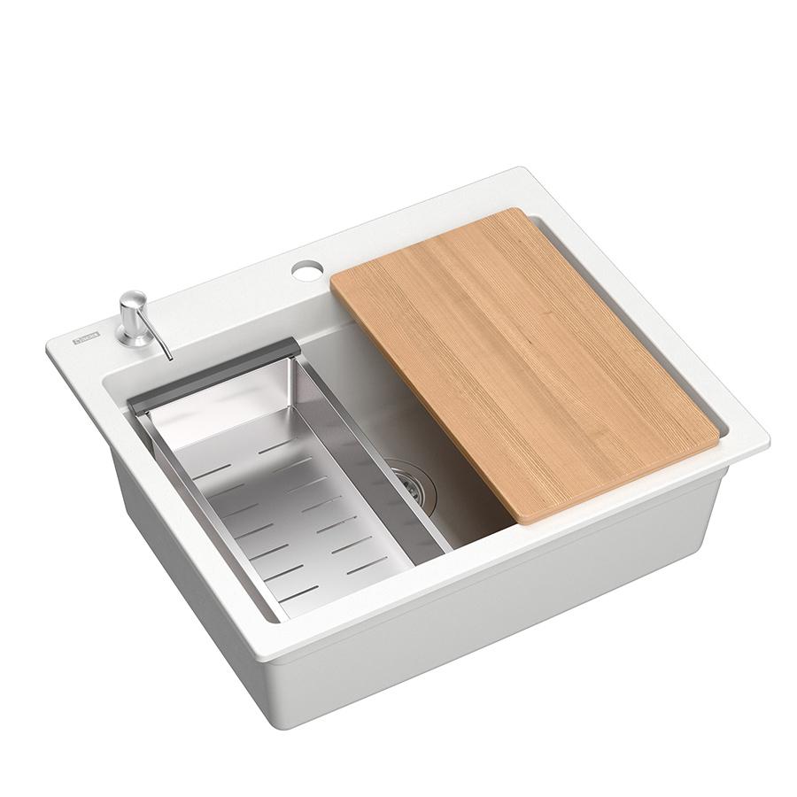 Quadri Durham wit graniet opbouw spoelbak 595x500 met zeepdispenser, snijplank, rolmat, inzetbak en rolmat 1208957903 - Productafbeelding 3