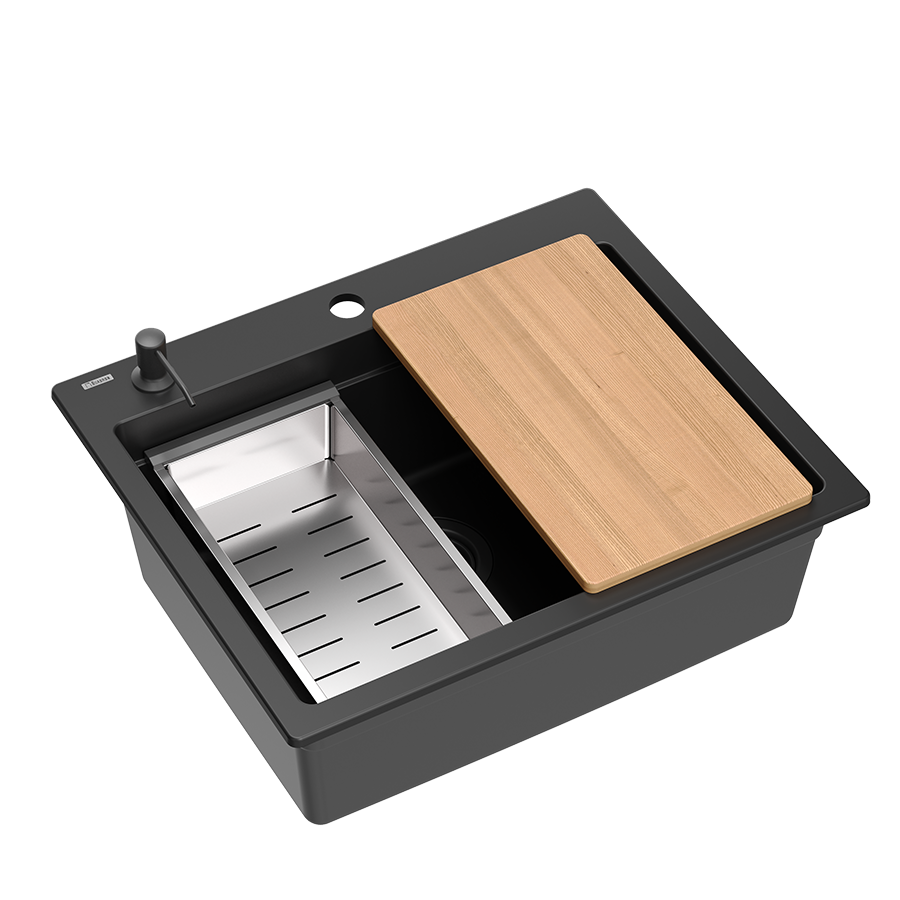 Quadri Durham zwart graniet opbouw spoelbak 595x500 met zeepdispenser, snijplank, inzetbak en rolmat 1208957904 - Productafbeelding 2