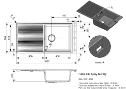 Reginox Paris 430 Regi-graniet spoelbak grijs 100x50 cm opbouw omkeerbaar met kraangatbank, rolmat en rvs drukknop R36891