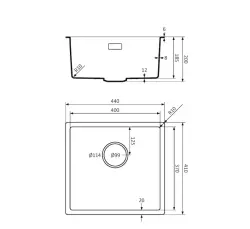 Lorreine BQ serie spoelbak 44x41cm onderbouw en vlakinbouw zwart met zwarte plug 40BQ37-FU