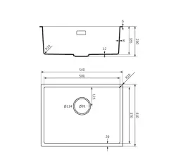 Lorreine BQ serie spoelbak 54x41cm onderbouw en vlakinbouw zwart met koper plug 50BQ37-FU-COPPER