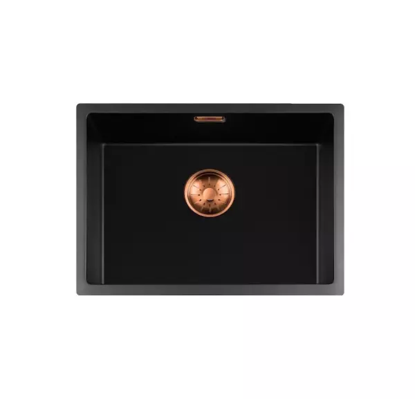 Lorreine BQ serie spoelbak 54x41cm onderbouw en vlakinbouw zwart met koper plug 50BQ37-FU-COPPER