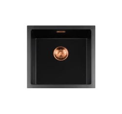 Lorreine BQ serie spoelbak 45x45cm opbouw zwart met koper plug 40BQ-T-COPPER