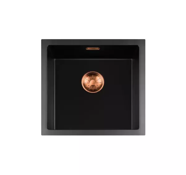 Lorreine BQ serie spoelbak 45x45cm opbouw zwart met koper plug 40BQ-T-COPPER