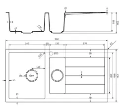 Lorreine BQ serie 1.5 spoelbak 96x50cm opbouw zwart met zwart plug 3415BQ44DB-T