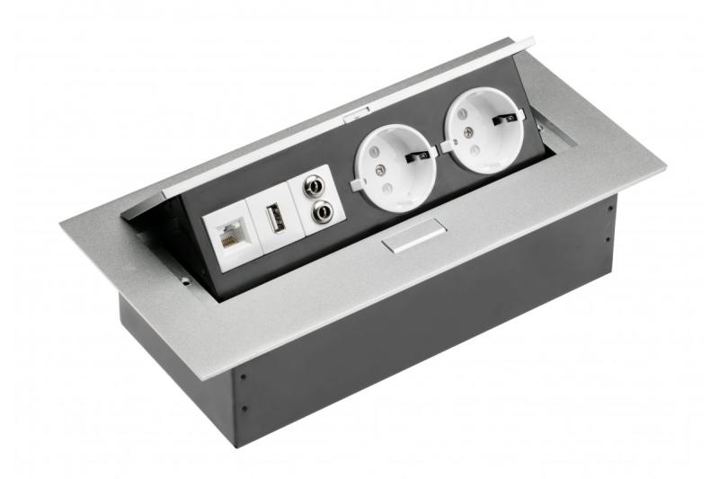 Desktop extension cable2x schuko socket,USB socket,audio(banana),RJ45 socket (Ethernet),without cable,alu 1208958663