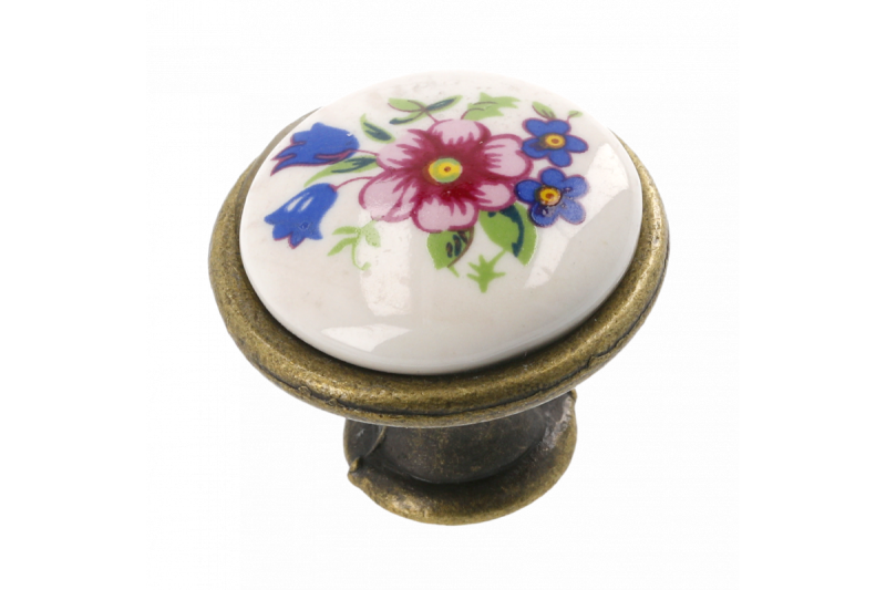 Porcelain knob J4 antique brass R-pink flower 1208959153