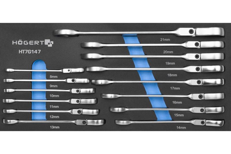 Hoegert Combinatieratelmoersleutel met flexibele kop set 14 stuks technisch schuim 1208962054