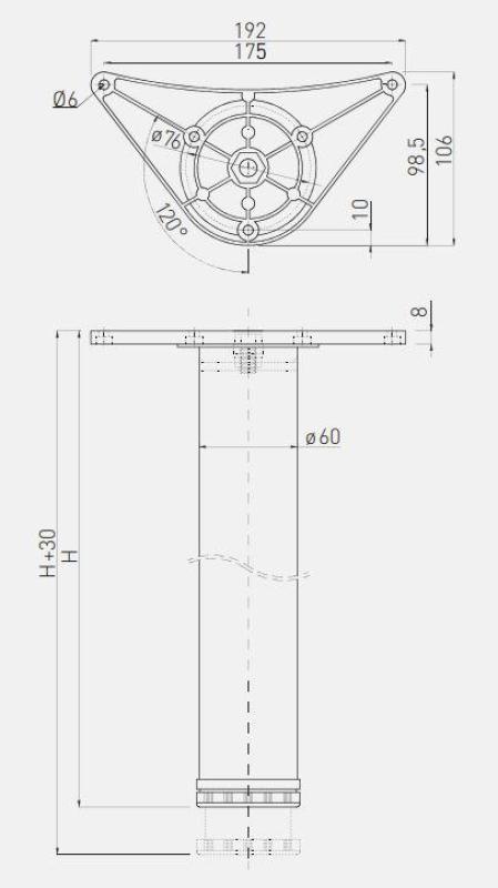 Tafelpoot rond chroom 71cm hoog verstelbaar 3cm met poot diameter 6cm 1208963580