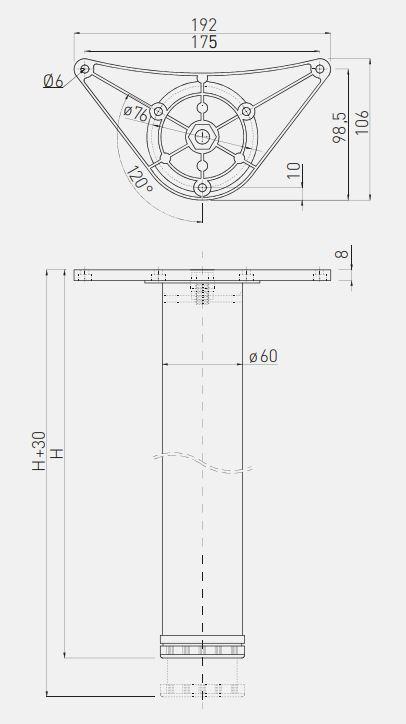 Tafelpoot rond zwart 71cm hoog verstelbaar 3cm met poot diameter 6cm 1208963584 - Productafbeelding 2