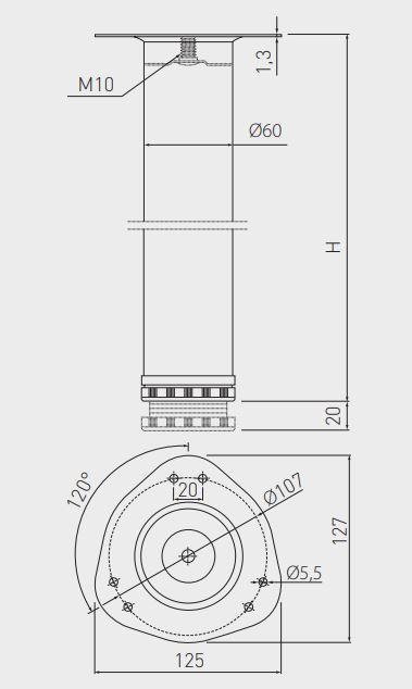 Tafelpoot rond chroom 82cm hoog verstelbaar 2cm met poot diameter 6cm 1208963634 - Productafbeelding 2