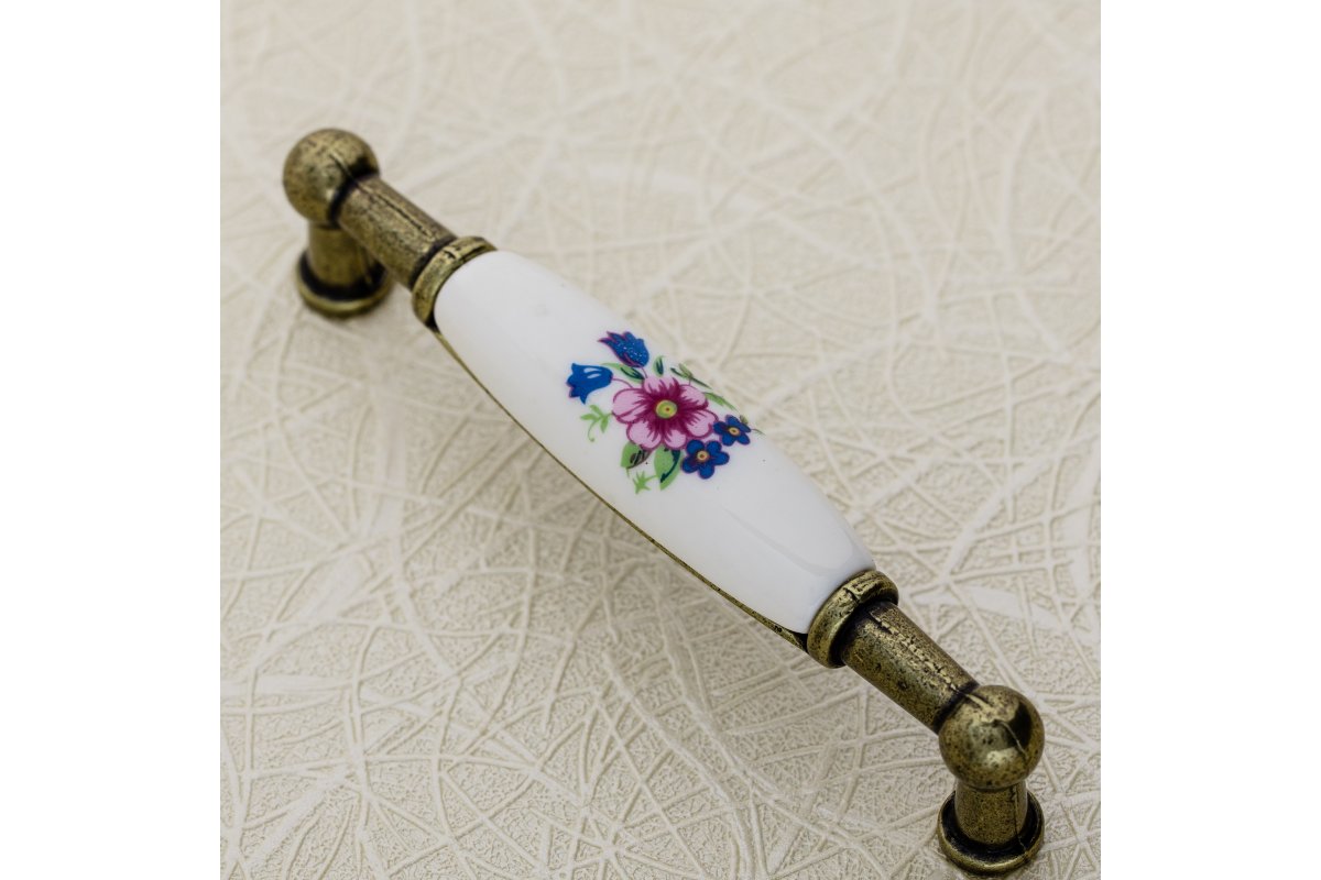 Porcelain handle 728B C=96mm antique brass R-pink flower 1208965696 - Productafbeelding 3