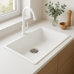 GraniteMy Universal granieten grote witte spoelbak 74x40 cm wit opbouw onderbouw en vlakinbouw met rvs plug 1208967111