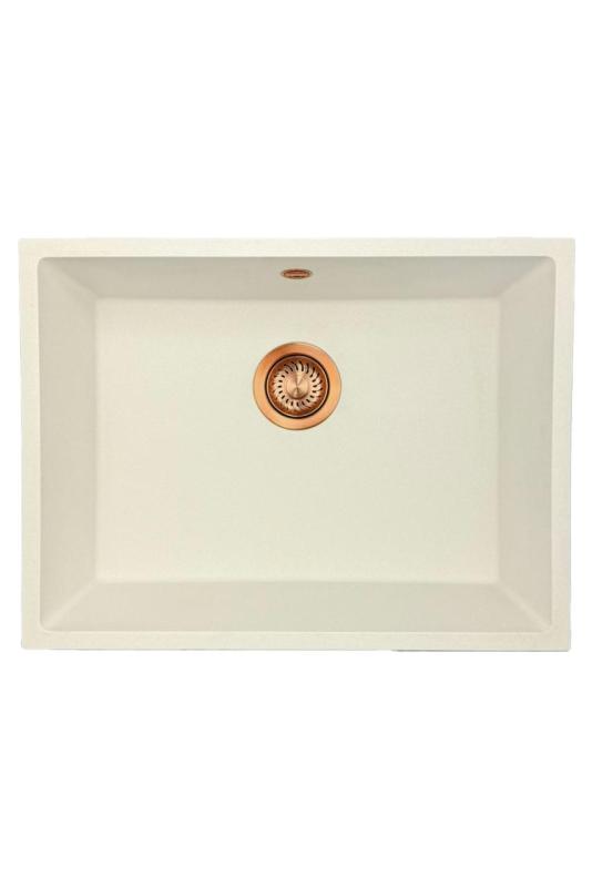 GraniteMy Universal granieten witte spoelbak 55x40 cm wit opbouw onderbouw en vlakinbouw met koperen plug 1208967156