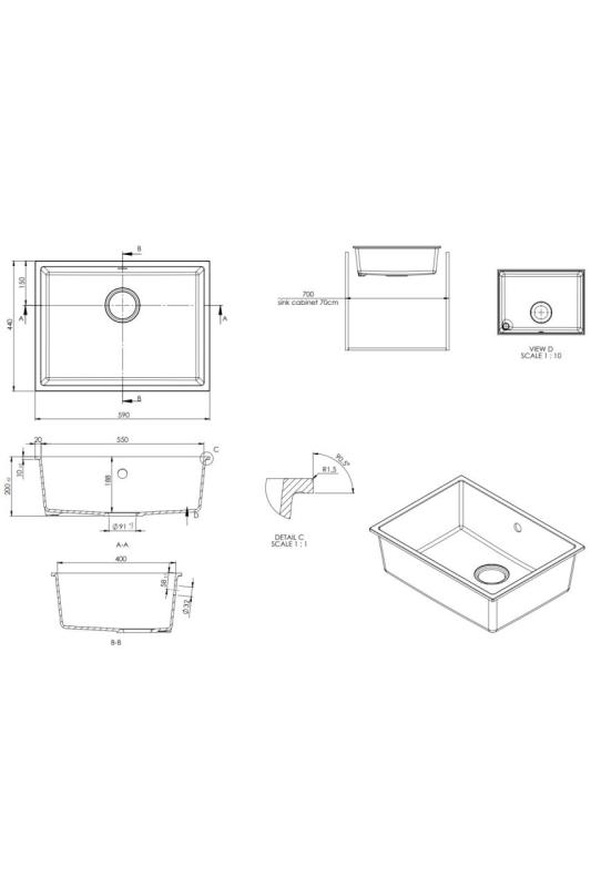 GraniteMy Universal granieten witte spoelbak 55x40 cm wit opbouw onderbouw en vlakinbouw met koperen plug 1208967156