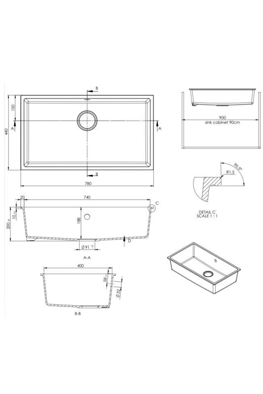 GraniteMy Universal granieten grote witte spoelbak 74x40 cm wit opbouw onderbouw en vlakinbouw met zwarte plug 1208967161