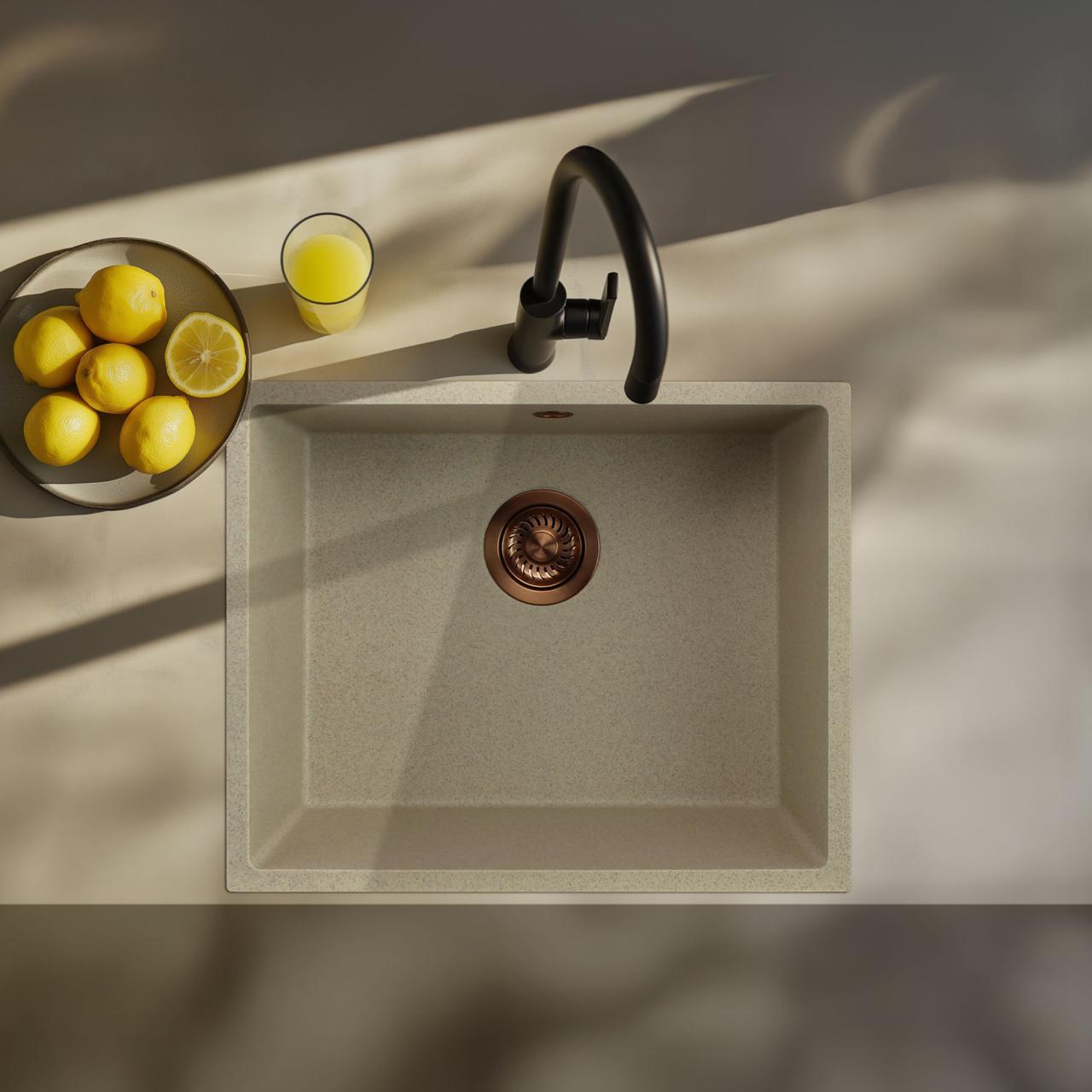 GraniteMy Universal granieten beige zand spoelbak 50x40 cm opbouw, onderbouw en vlakinbouw met koperen plug 1208967221 - Productafbeelding 2