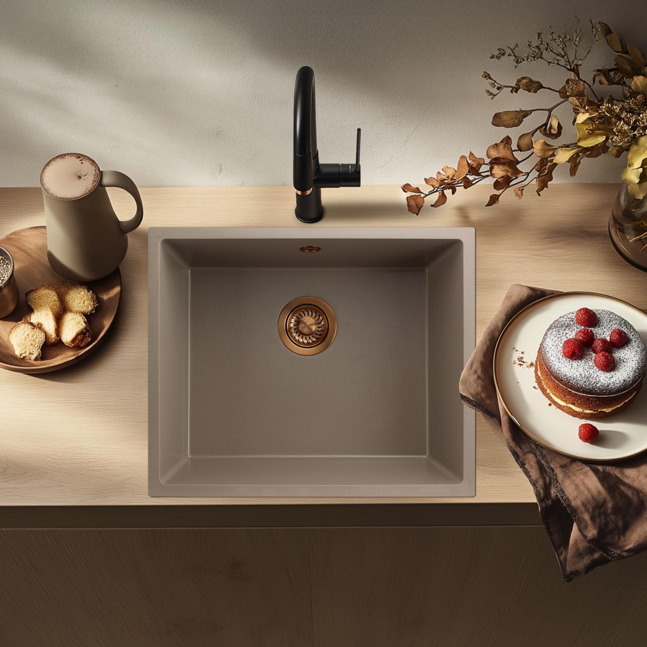 GraniteMy Universal granieten taupe spoelbak 50x40 cm opbouw, onderbouw en vlakinbouw met koperen plug 1208967225 - Productafbeelding 2
