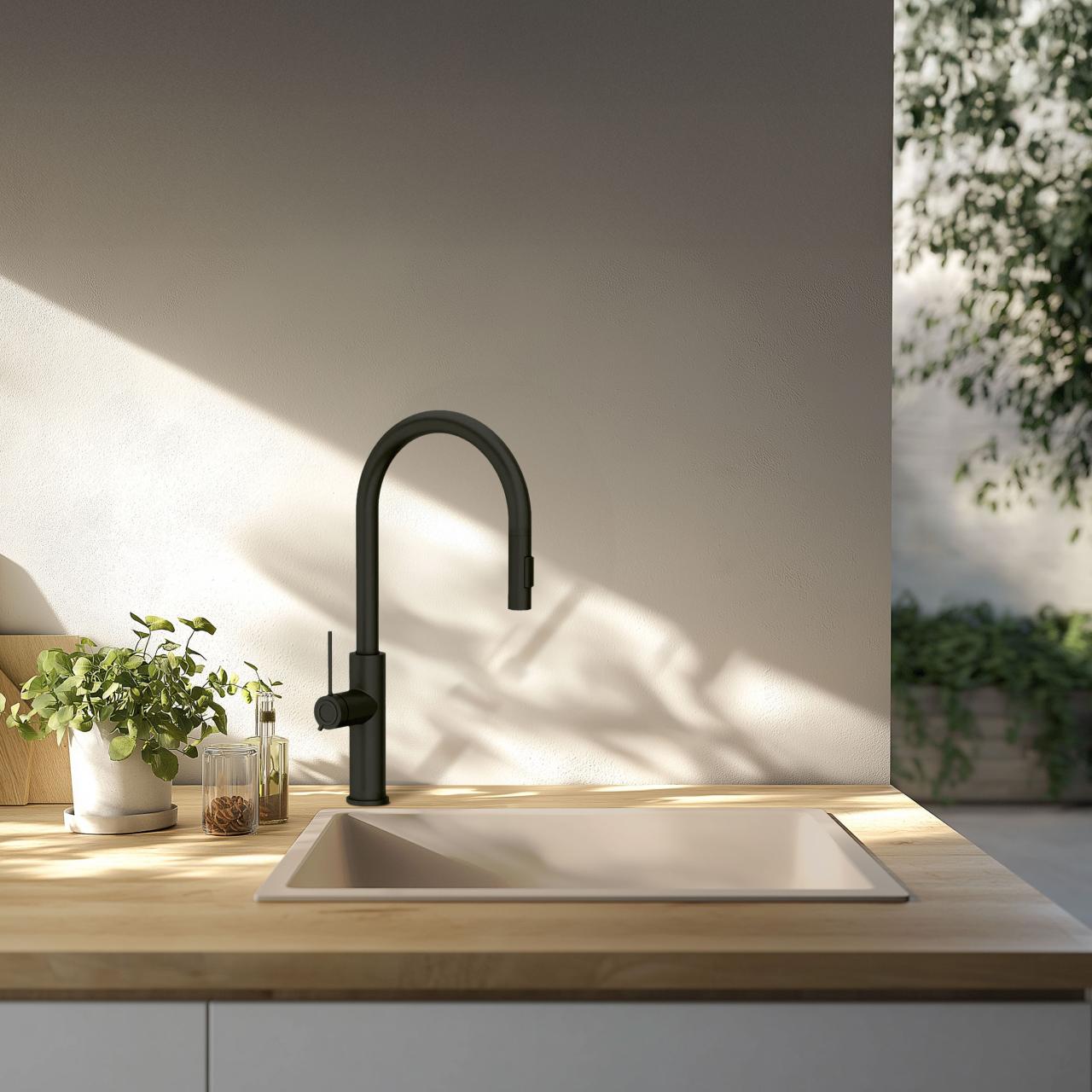GraniteMy Universal granieten beige zand spoelbak 40x40 cm opbouw, onderbouw en vlakinbouw met zwart plug 1208967232 - Productafbeelding 2