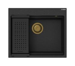 GraniteMy Steam granieten spoelbak 56x48 cm zwart opbouw met gouden plug inclusief accessoires 1208967235