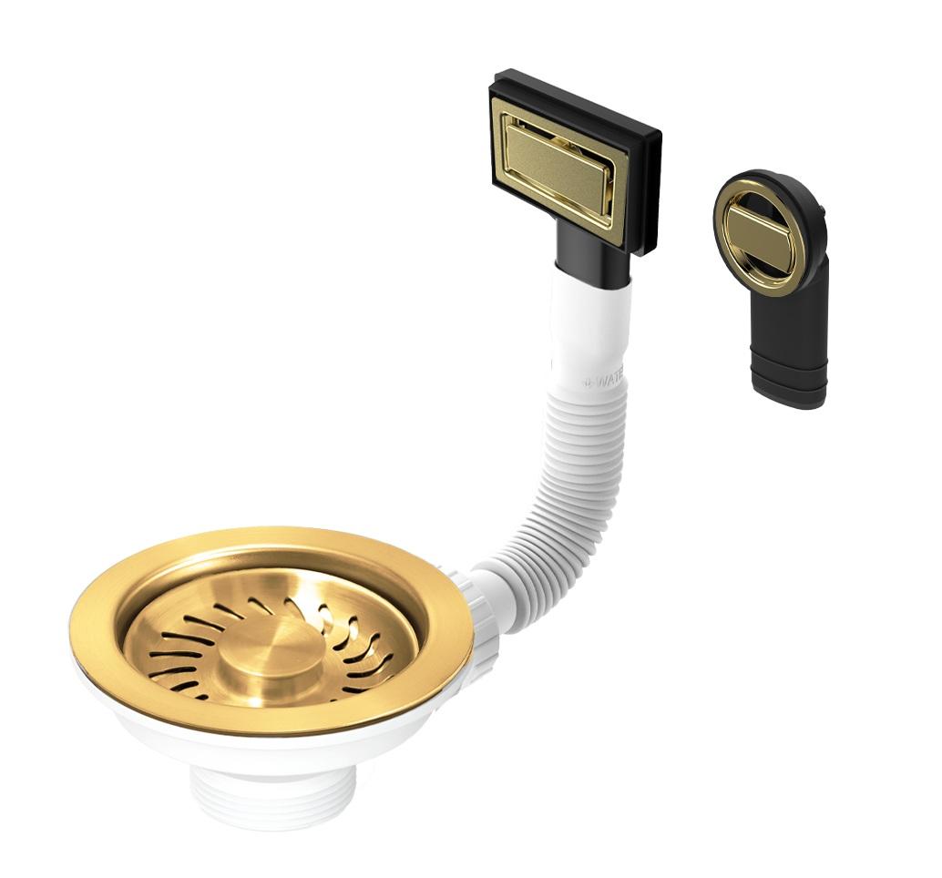 Granitemy korfplugset PVD geborsteld goud, afvoerset spoelbak incl. overloop rond en rechthoek 1208967251 - Productafbeelding