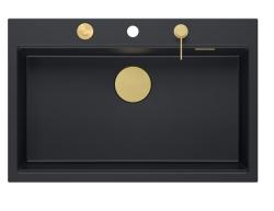 Quadri Hard Rock mat zwarte granieten opbouw grote spoelbak 76x50cm inclusief gouden plug en accessoires 1208967277