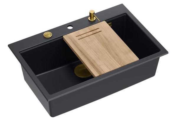 Quadri Hard Rock mat zwarte granieten opbouw grote spoelbak 76x50cm inclusief gouden plug en accessoires 1208967277